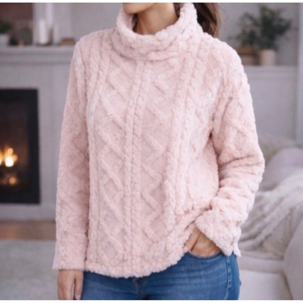 Eddie Bauer Pastel Pink‎ Cable Fleece Pullover Funnel Neck Top Woman's Large NWT